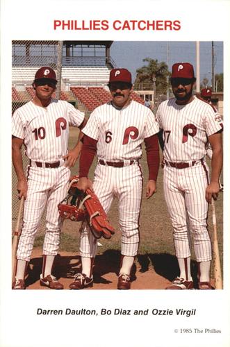 1985 Tastykake Philadelphia Phillies #NNO Phillies Catchers (Darren Daulton / Bo Diaz / Ozzie Virgil) Front