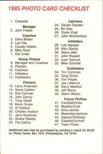 1985 Tastykake Philadelphia Phillies #NNO 1985 Phillies Photo Cards Cover Back