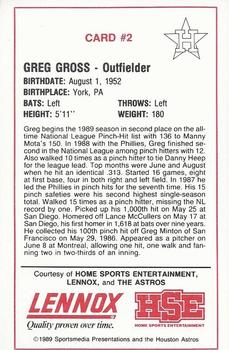 1989 Lennox Houston Astros #2 Greg Gross Back