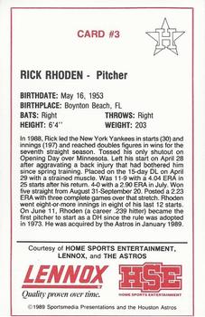 1989 Lennox Houston Astros #3 Rick Rhoden Back