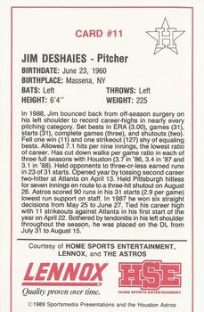 1989 Lennox Houston Astros #11 Jim Deshaies Back
