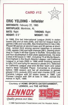 1989 Lennox Houston Astros #12 Eric Yelding Back