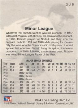 1994 Front Row Premium All-Time Greats Phil Rizzuto #2 Phil Rizzuto Back