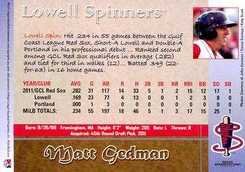 2012 Grandstand Lowell Spinners #NNO Matt Gedman Back