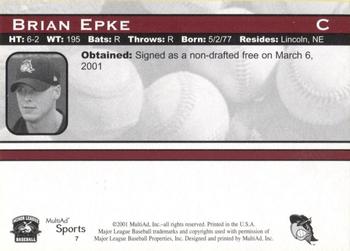 2001 Multi-Ad South Bend Silver Hawks #7 Brian Epke Back