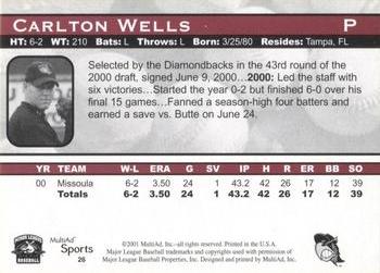 2001 Multi-Ad South Bend Silver Hawks #26 Carlton Wells Back