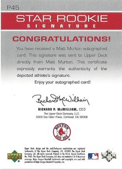 2003 Upper Deck Prospect Premieres - Autographs #P45 Matt Murton Back