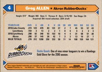 2017 Grandstand Akron RubberDucks #NNO Greg Allen Back