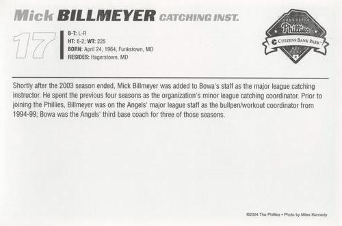2004 Philadelphia Phillies Photocards #NNO Mick Billmeyer Back