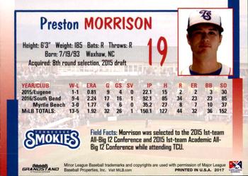 2017 Grandstand Tennessee Smokies #NNO Preston Morrison Back
