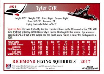 2017 Grandstand Richmond Flying Squirrels #NNO8 Tyler Cyr Back