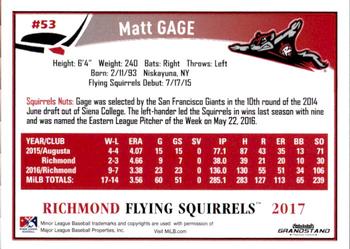 2017 Grandstand Richmond Flying Squirrels #NNO11 Matt Gage Back