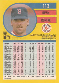 1991 Fleer #113 Kevin Romine Back