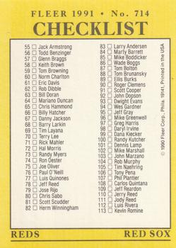 1991 Fleer #714 Checklist: Athletics / Pirates / Reds / Red Sox Back