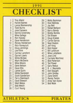 1991 Fleer #714 Checklist: Athletics / Pirates / Reds / Red Sox Front