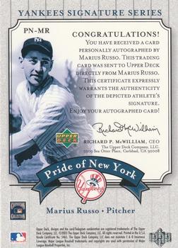 2003 Upper Deck Yankees Signature Series - Pride of New York Autographs #PN-MR Marius Russo Back