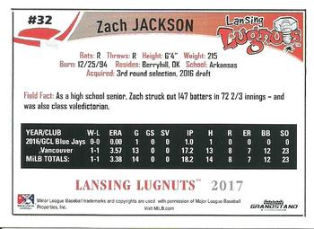 2017 Grandstand Lansing Lugnuts #NNO Zach Jackson Back