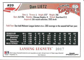 2017 Grandstand Lansing Lugnuts #NNO Dan Lietz Back