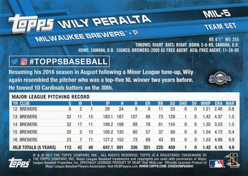 2017 Topps Milwaukee Brewers 5x7 #MIL-5 Wily Peralta Back