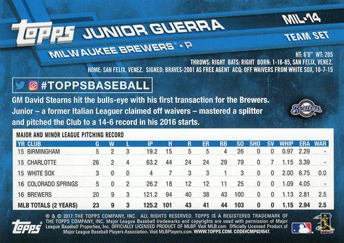 2017 Topps Milwaukee Brewers 5x7 #MIL-14 Junior Guerra Back