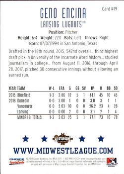 2017 Choice Midwest League All-Stars #19 Geno Encina Back
