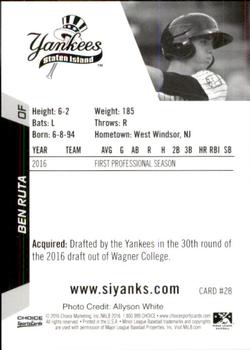 2016 Choice Staten Island Yankees #28 Ben Ruta Back