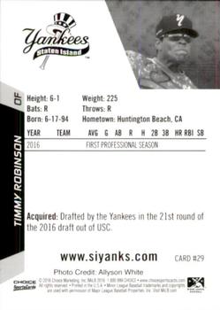 2016 Choice Staten Island Yankees #29 Timmy Robinson Back