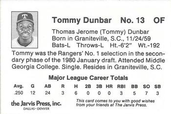 1984 Jarvis Press Texas Rangers #NNO Tommy Dunbar Back