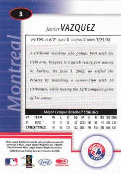2002 Leaf Certified #3 Javier Vazquez Back