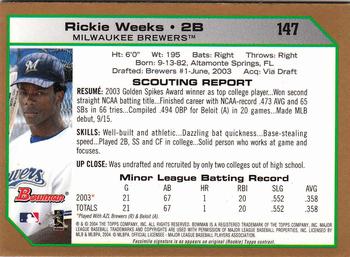 2004 Bowman - Gold #147 Rickie Weeks Back