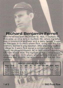 1993 Front Row Premium All-Time Greats Rick Ferrell #1 Rick Ferrell Back