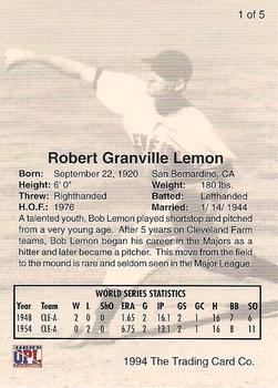 1994 Front Row Premium All-Time Greats Bob Lemon #1 Bob Lemon Back