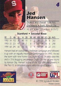 1994 Signature Rookies Draft Picks - Bonus Promo #4 Jed Hansen Back