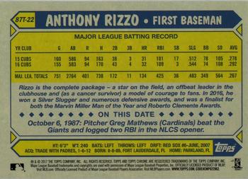 2017 Topps Chrome - 1987 Topps Baseball 30th Anniversary #87T-22 Anthony Rizzo Back