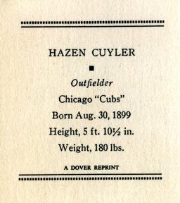 1977 Dover Publications Classic Baseball Cards Reprints #NNO Hazen Kiki Cuyler Back