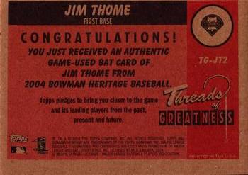 2004 Bowman Heritage - Threads of Greatness #TG-JT2 Jim Thome Back