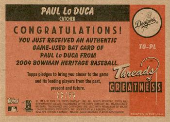2004 Bowman Heritage - Threads of Greatness Gold #TG-PL Paul Lo Duca Back