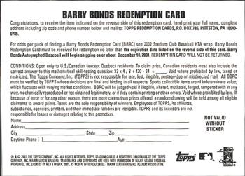 2002 Stadium Club #NNO Barry Bonds Autographed Baseball Redemption Back