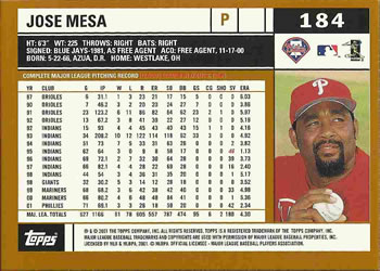 2002 Topps #184 Jose Mesa Back