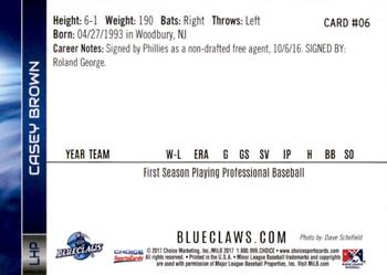 2017 Choice Lakewood BlueClaws #6 Casey Brown Back