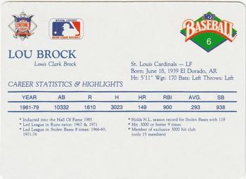 1990 MVP Baseball All-Star Card Game #6 Lou Brock Back