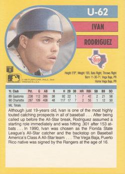 1991 Fleer Update #U-62 Ivan Rodriguez Back