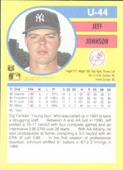 1991 Fleer Update #U-44 Jeff Johnson Back