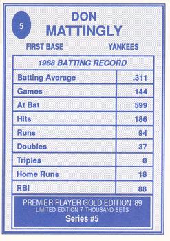 1989 Premier Player Gold Edition Series 5 (unlicensed) #5 Don Mattingly Back