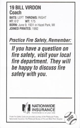 1992 Pittsburgh Pirates Fire Safety #NNO Bill Virdon Back