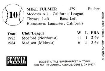 1985 Chong Modesto A's #10 Mike Fulmer Back