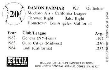 1985 Chong Modesto A's #20 Damon Farmar Back