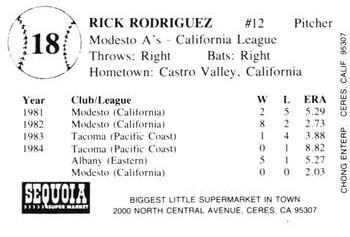 1985 Chong Modesto A's #18 Rick Rodriguez Back