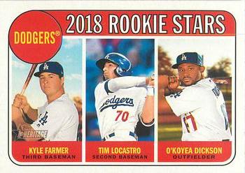 2018 Topps Heritage #160 Dodgers 2018 Rookie Stars (Kyle Farmer / Tim Locastro / O'Koyea Dickson) Front