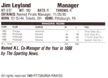 1989 Veryfine Pittsburgh Pirates #NNO Jim Leyland Back